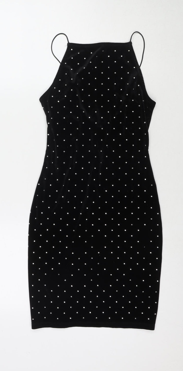 H&M Womens Black Polyester Bodycon Size XS Square Neck Pullover - Jeweled Detail