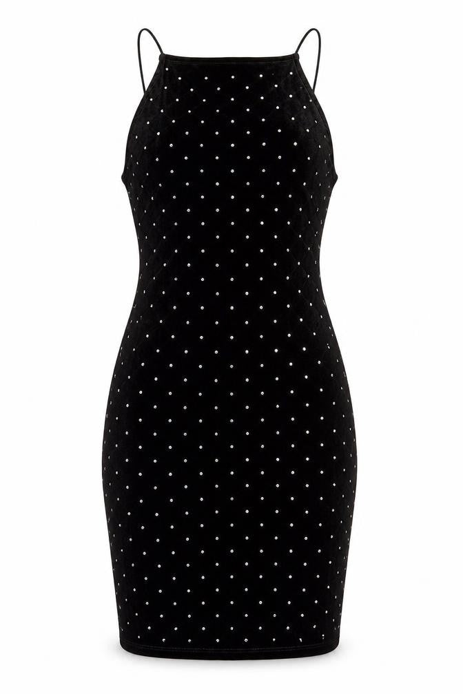 Front view of H&M women’s black polyester bodycon, size XS, square neck pullover - jeweled detail