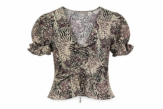 Front view of Topshop women’s multicoloured geometric polyester basic blouse, size UK 8, v-neck