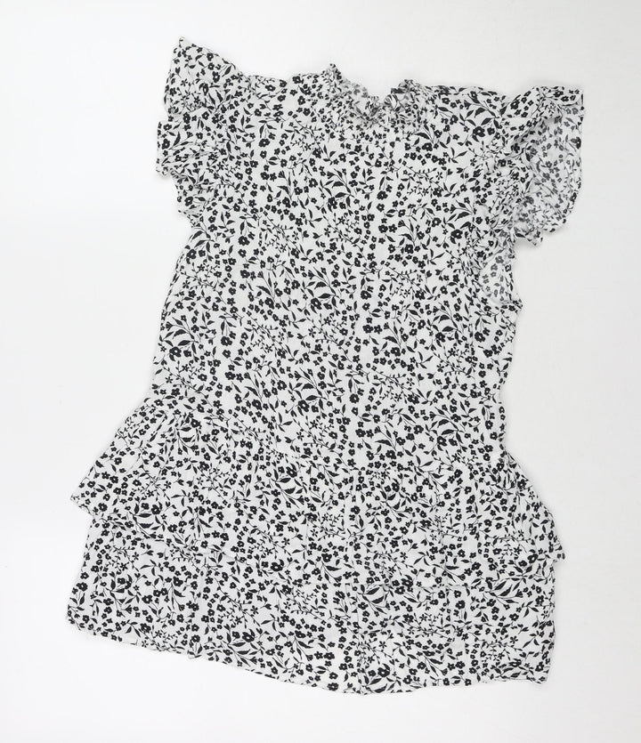 Dorothy Perkins Womens White Floral Viscose Basic Blouse Size 14 Round Neck
