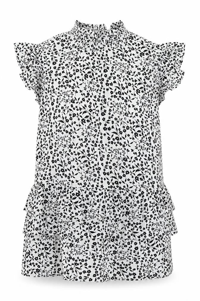 Front view of Dorothy Perkins women’s white floral viscose basic blouse, size UK 14, round neck