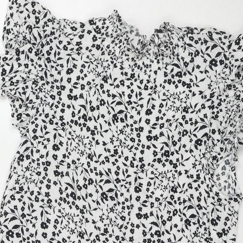 Dorothy Perkins Womens White Floral Viscose Basic Blouse Size 14 Round Neck