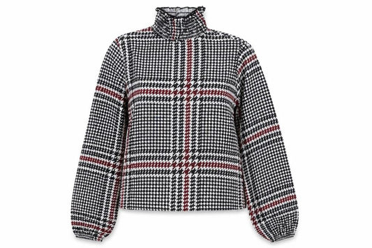 Front view of Boohoo women’s black herringbone polyester basic blouse, size UK 8, mock neck