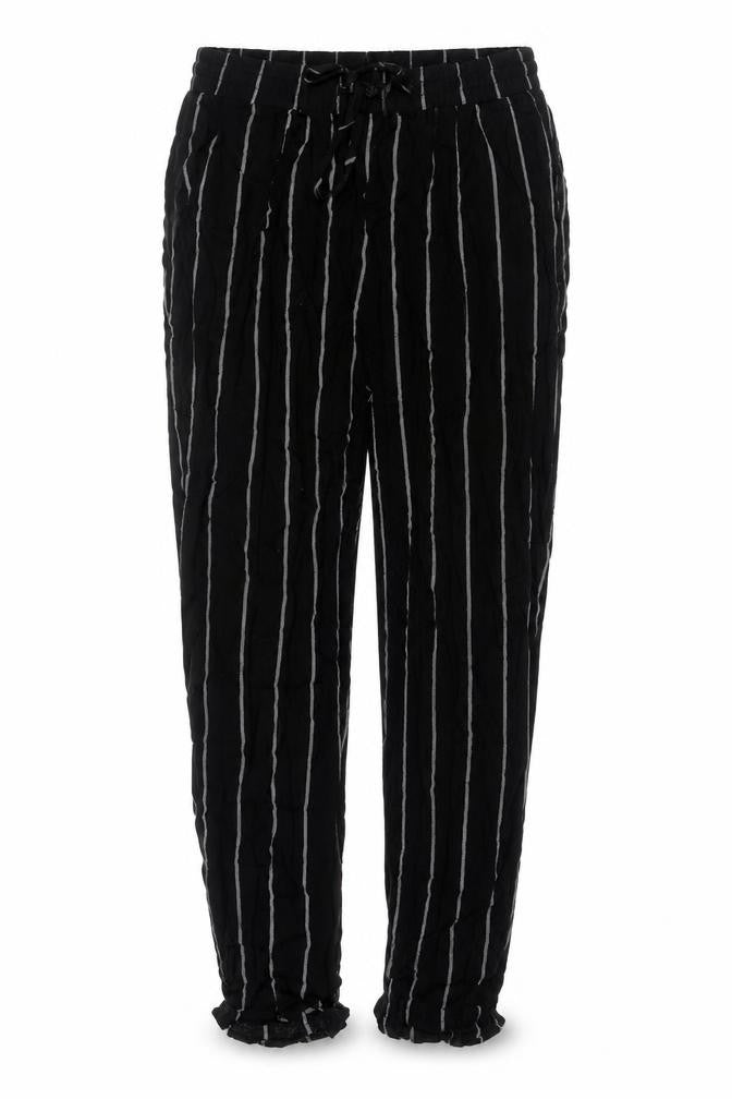 Front view of PRETTYLITTLETHING women’s black striped polyester trousers, size UK 8, 22-inch leg regular drawstring