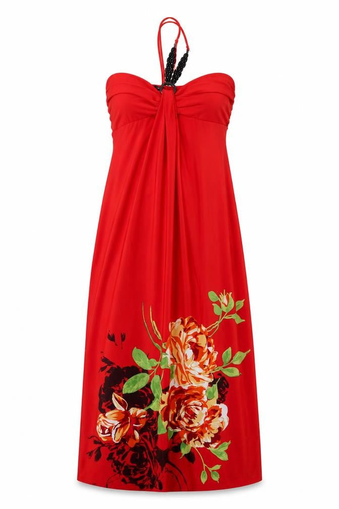 Front view of My Michelle women’s red floral polyester maxi, size L, halter pullover