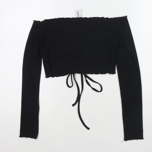 COLLUSION Womens Black Polyester Cropped T-Shirt Size 12 Off the Shoulder