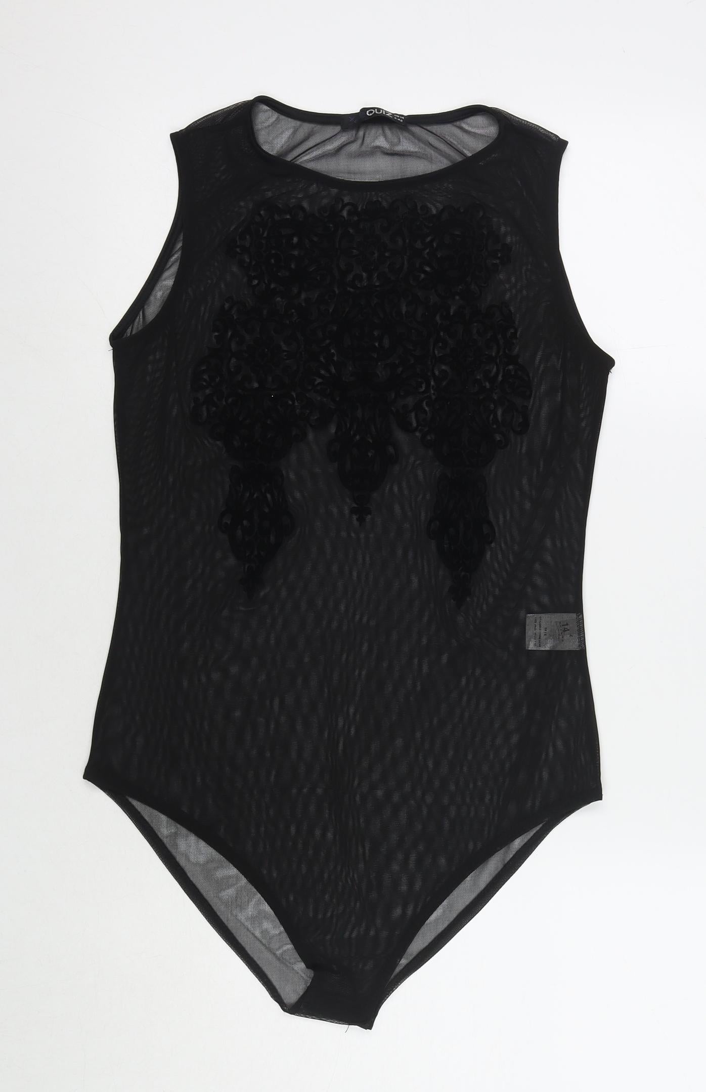 Quiz Womens Black Polyester Bodysuit One-Piece Size 14 Snap - Embraided Flowers