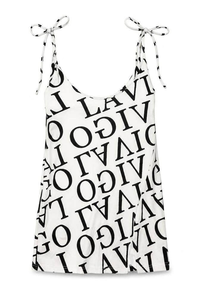 Front view of I SAW IT FIRST women’s white geometric polyester mini, size M, round neck pullover - letters