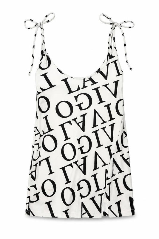 Front view of I SAW IT FIRST women’s white geometric polyester mini, size M, round neck pullover - letters