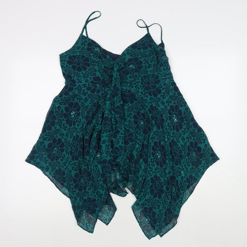 Planet Womens Blue Floral Silk Camisole Tank Size 12 V-Neck - Beaded Detail Sequin Detail