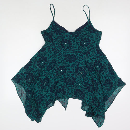 Planet Womens Blue Floral Silk Camisole Tank Size 12 V-Neck - Beaded Detail Sequin Detail