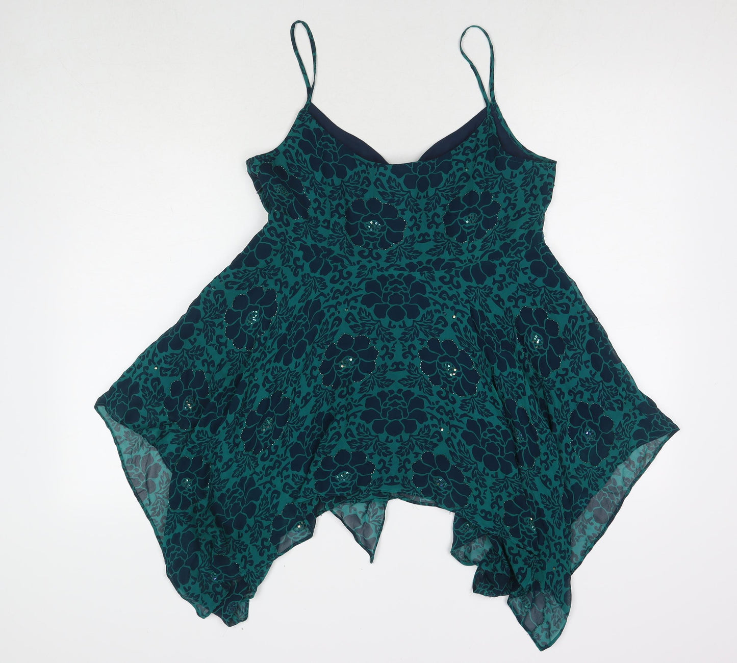 Planet Womens Blue Floral Silk Camisole Tank Size 12 V-Neck - Beaded Detail Sequin Detail