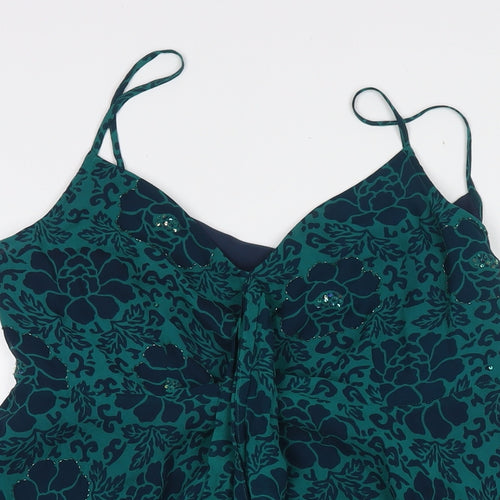 Planet Womens Blue Floral Silk Camisole Tank Size 12 V-Neck - Beaded Detail Sequin Detail