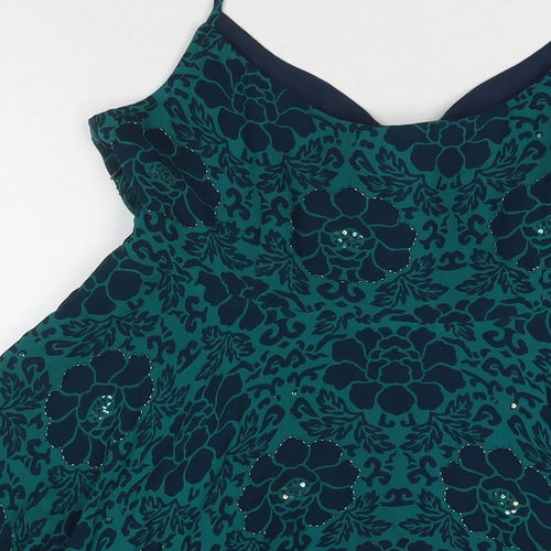 Planet Womens Blue Floral Silk Camisole Tank Size 12 V-Neck - Beaded Detail Sequin Detail
