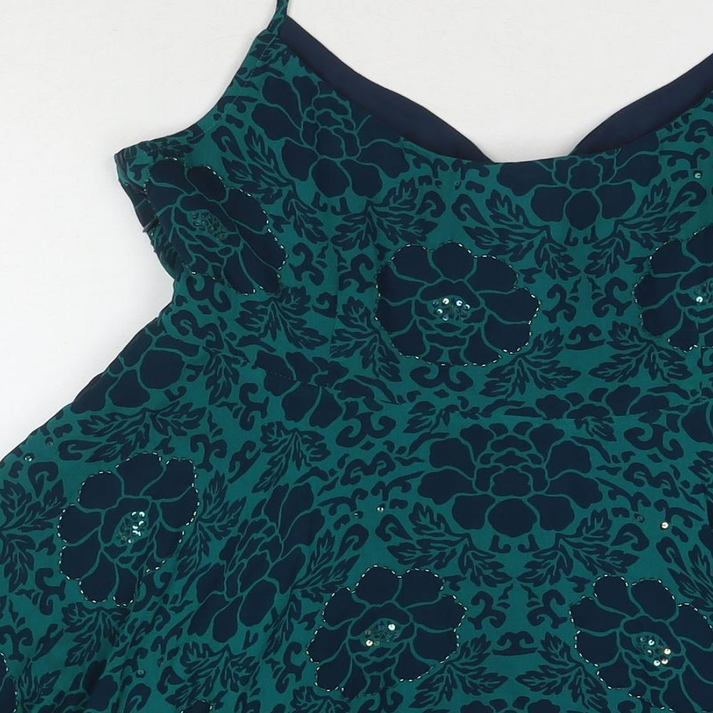 Planet Womens Blue Floral Silk Camisole Tank Size 12 V-Neck - Beaded Detail Sequin Detail