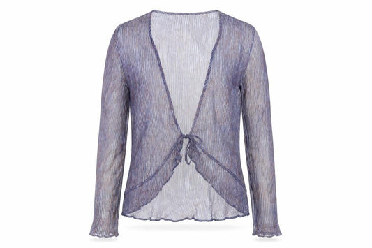 Front view of Richard Roberts women’s grey striped polyester wrap blouse, size UK 12, v-neck