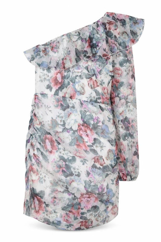 Front view of Quiz women’s multicoloured floral polyester bodycon, size UK 14, one shoulder zip