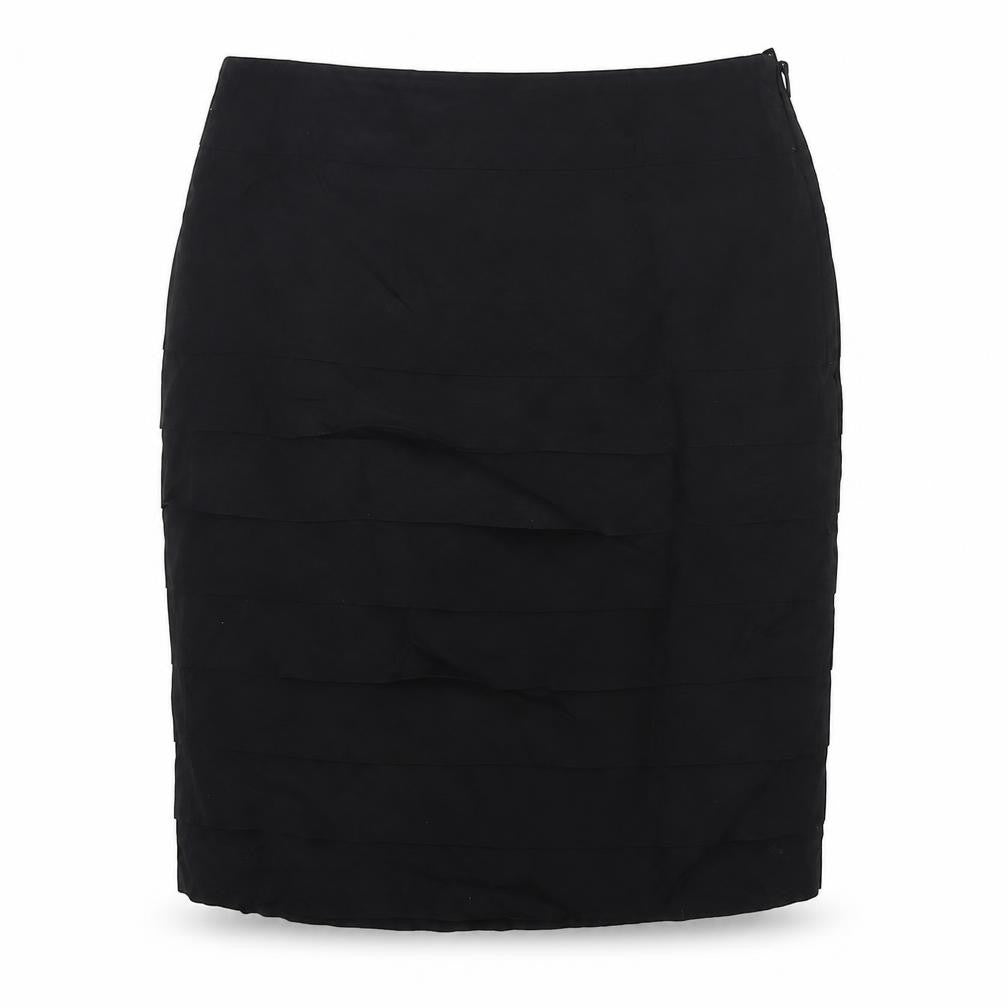Front view of H&M women’s black viscose a-line skirt, size UK 10, zip