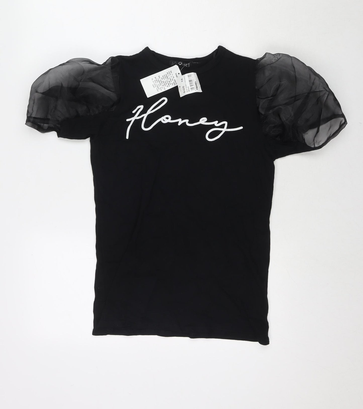 Quiz Womens Black Cotton Basic T-Shirt Size 10 Scoop Neck - Honey