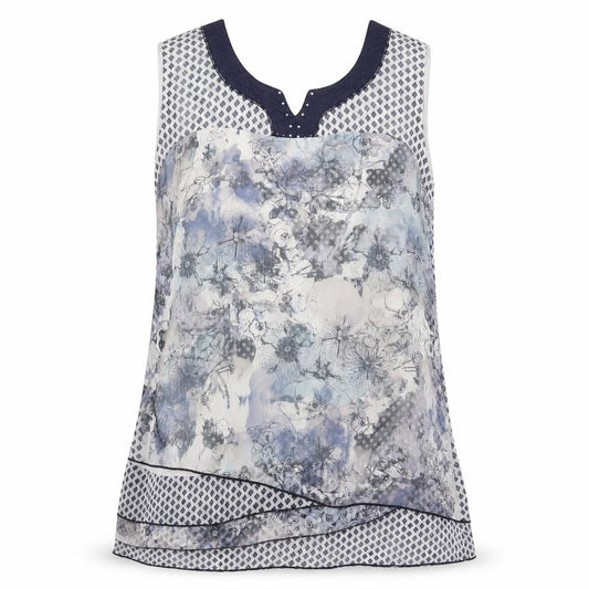 Front view of Kalisson women’s multicoloured geometric polyester basic tank, size XL, round neck