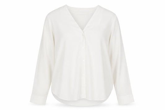 Front view of ASOS women’s white polyester basic button-up, size UK 8, v-neck
