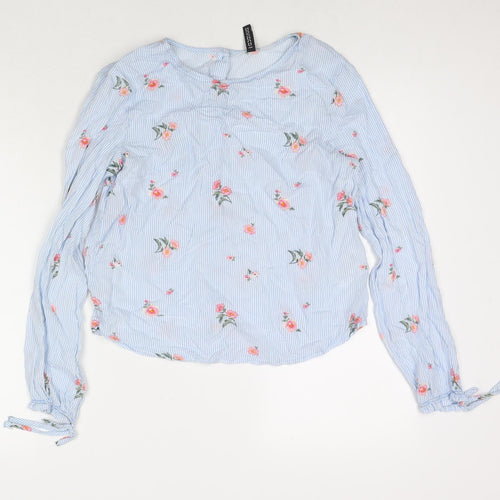 Divided by H&M Womens Blue Striped Viscose Basic Button-Up Size 8 Round Neck - Flowers