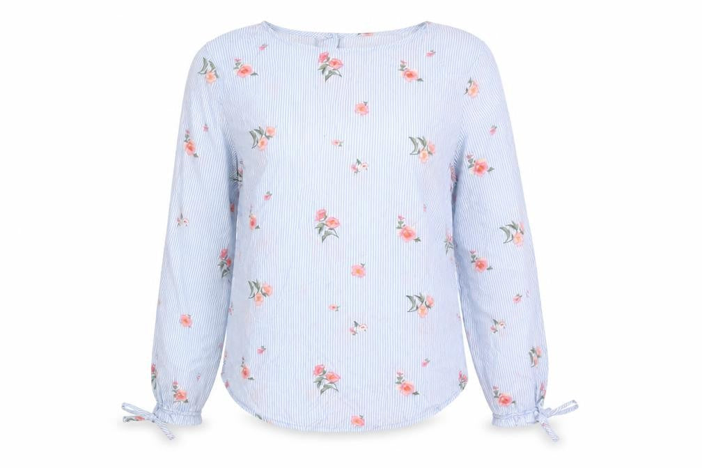 Front view of Divided by H&M women’s blue striped viscose basic button-up, size UK 8, round neck - flowers