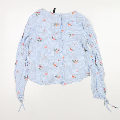Divided by H&M Womens Blue Striped Viscose Basic Button-Up Size 8 Round Neck - Flowers