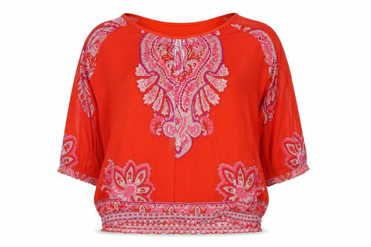 Front view of FYLO women’s red geometric polyester basic blouse, size XL, round neck - embellishment detail