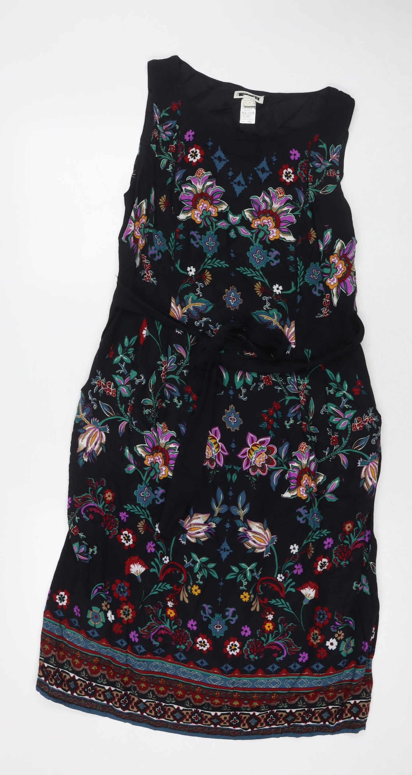 Whistles Womens Black Floral Viscose Tank Dress Size 12 Round Neck Pullover
