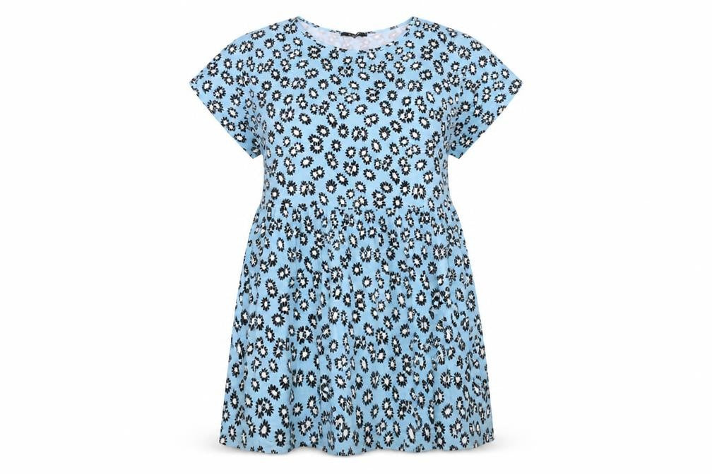 Evans Womens Blue Floral Viscose T-Shirt Dress Size 16 Round Neck Pullover