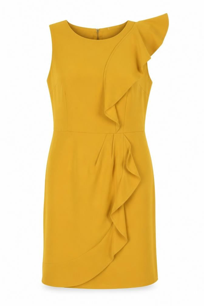 Front view of Oasis women’s yellow polyester a-line, size UK 14, round neck zip