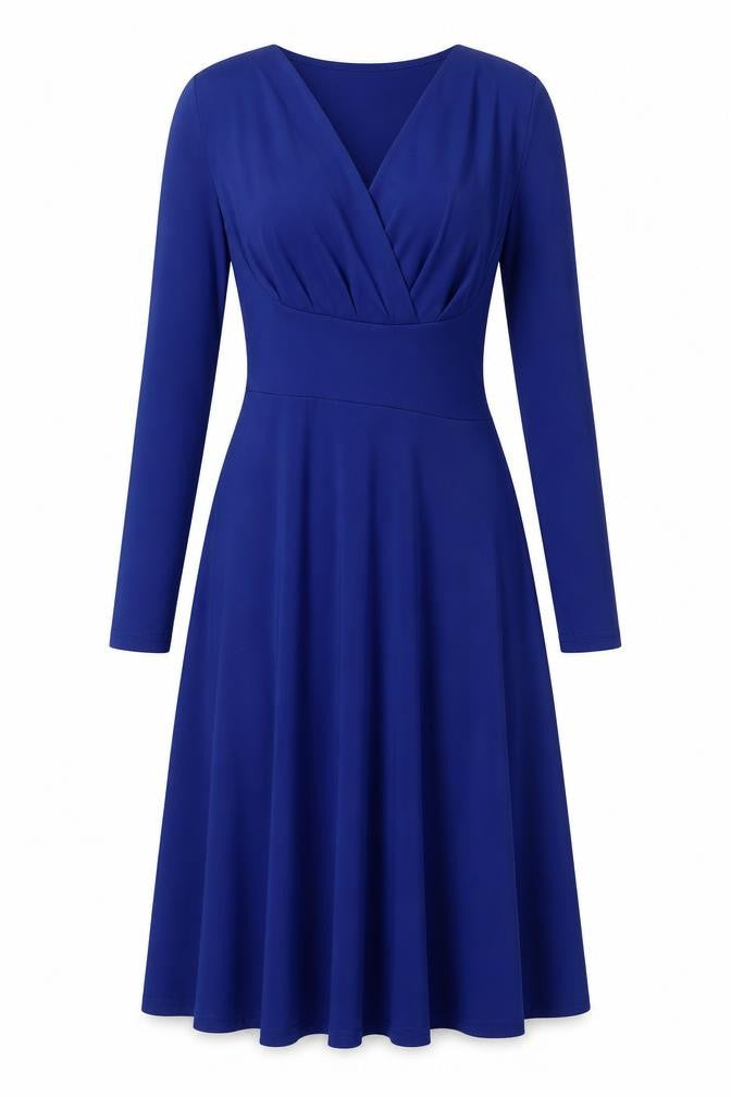 Front view of Stella women’s blue polyester fit & flare, size S, v-neck pullover