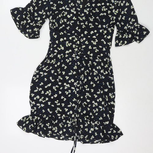 PRETTYLITTLETHING Womens Black Floral Polyester Fit & Flare Size 8 V-Neck Zip