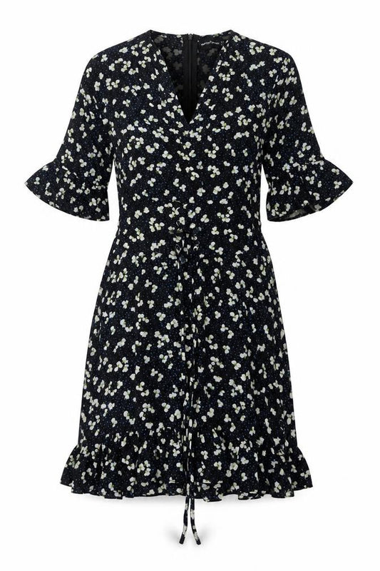 Front view of PRETTYLITTLETHING women’s black floral polyester fit & flare, size UK 8, v-neck zip