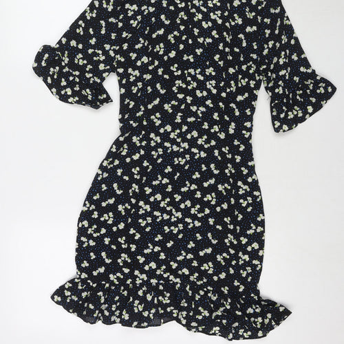 PRETTYLITTLETHING Womens Black Floral Polyester Fit & Flare Size 8 V-Neck Zip