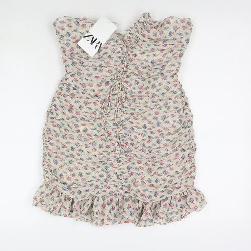 Zara Womens Beige Floral Polyester Bodycon Size S Sweetheart Zip - Strapless