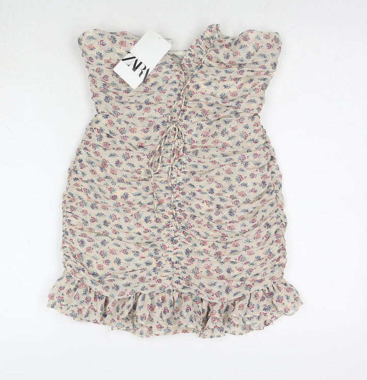Zara Womens Beige Floral Polyester Bodycon Size S Sweetheart Zip - Strapless
