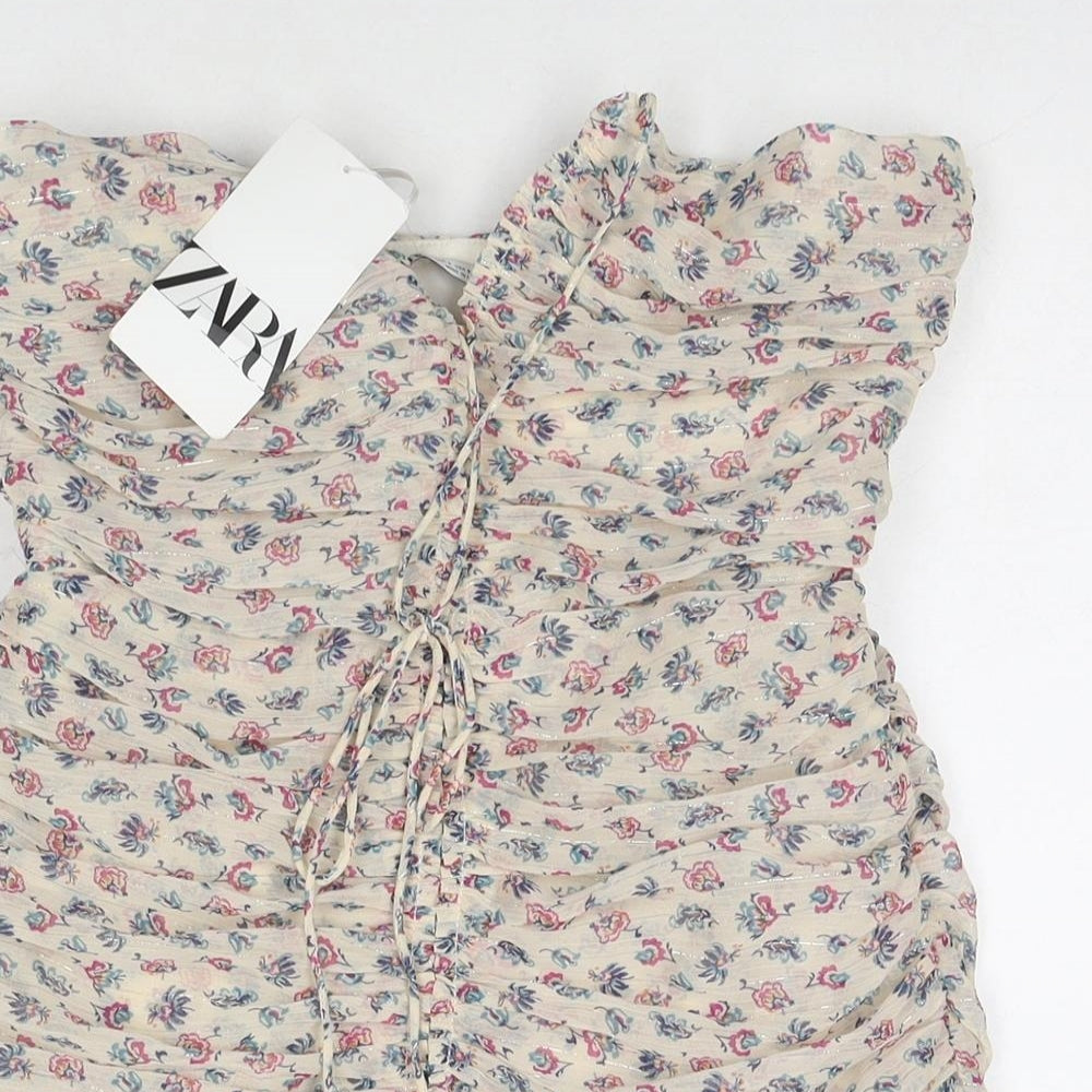 Zara Womens Beige Floral Polyester Bodycon Size S Sweetheart Zip - Strapless