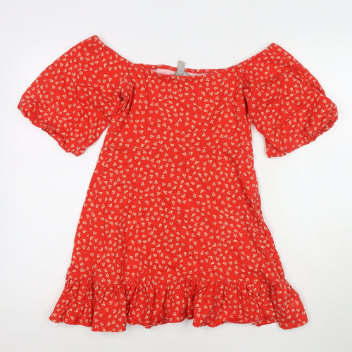 ASOS Womens Red Floral Polyester Blend T-Shirt Dress Size 6 Off the Shoulder Button