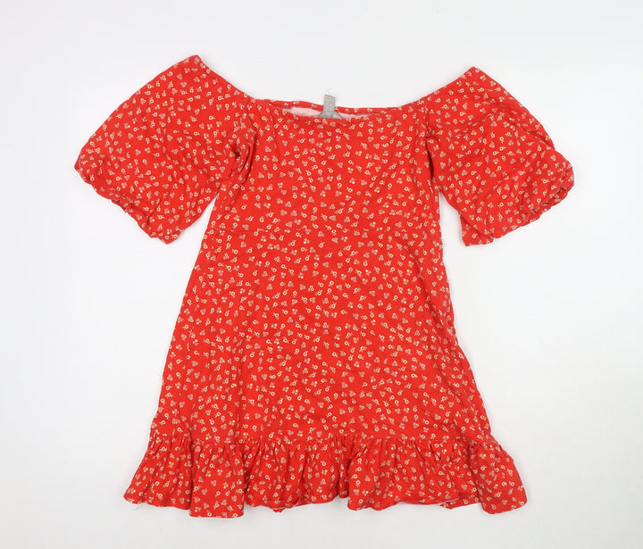 ASOS Womens Red Floral Polyester Blend T-Shirt Dress Size 6 Off the Shoulder Button