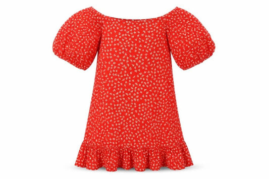 Front view of ASOS women’s red floral polyester blend t-shirt dress, size UK 6, off the shoulder button