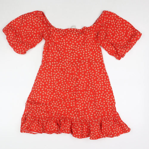 ASOS Womens Red Floral Polyester Blend T-Shirt Dress Size 6 Off the Shoulder Button
