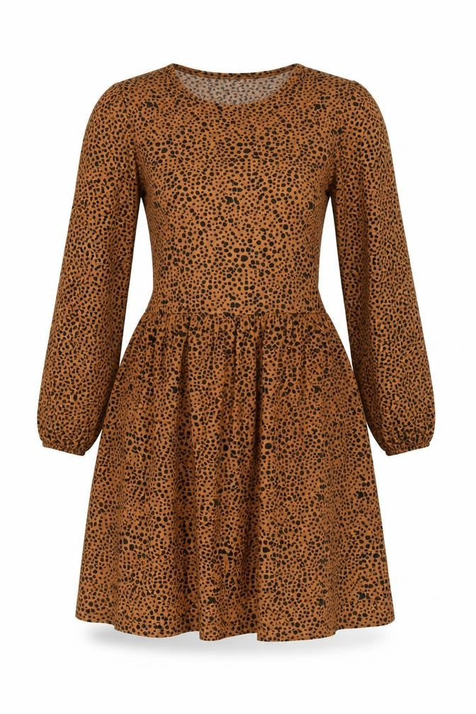 Front view of Stradivarius women’s brown polka dot polyester fit & flare, size S, round neck pullover