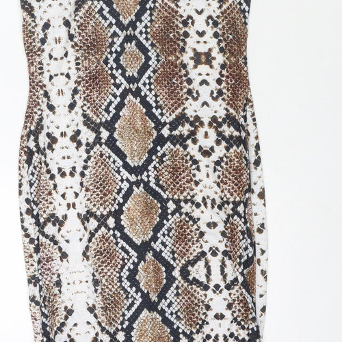 PRETTYLITTLETHING Womens Brown Animal Print Polyester Bodycon Size 8 Square Neck Pullover - Snake Pattern