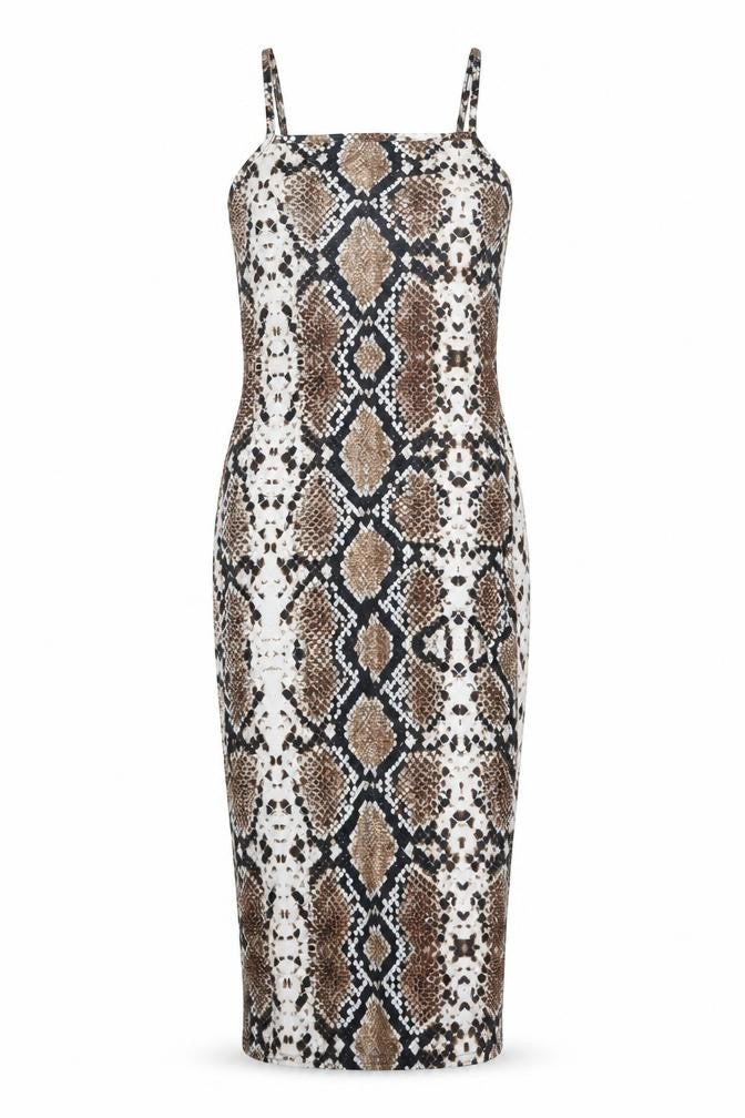 Front view of PRETTYLITTLETHING women’s brown animal print polyester bodycon, size UK 8, square neck pullover - snake pattern