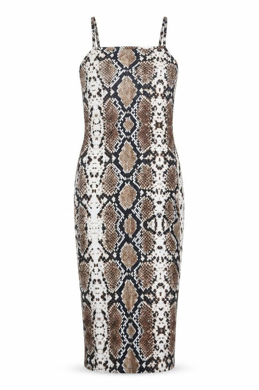 Front view of PRETTYLITTLETHING women’s brown animal print polyester bodycon, size UK 8, square neck pullover - snake pattern