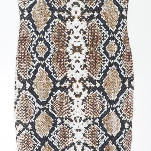 PRETTYLITTLETHING Womens Brown Animal Print Polyester Bodycon Size 8 Square Neck Pullover - Snake Pattern