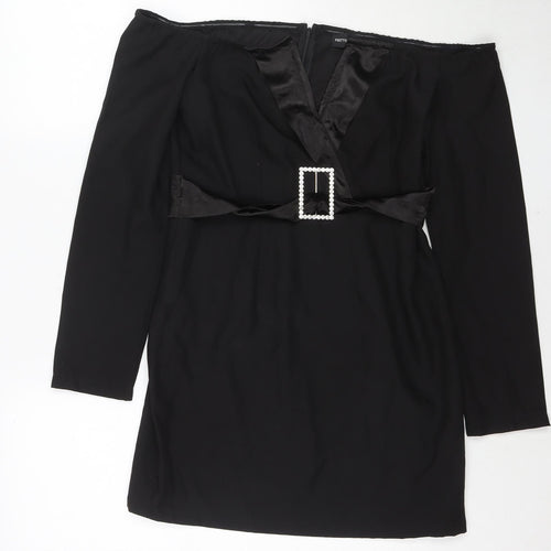 PRETTYLITTLETHING Womens Black Polyester Mini Size 12 Off the Shoulder Zip