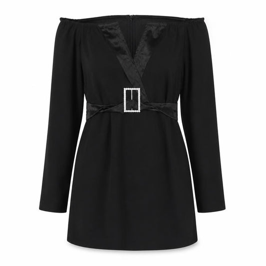 Front view of PRETTYLITTLETHING women’s black polyester mini, size UK 12, off the shoulder zip